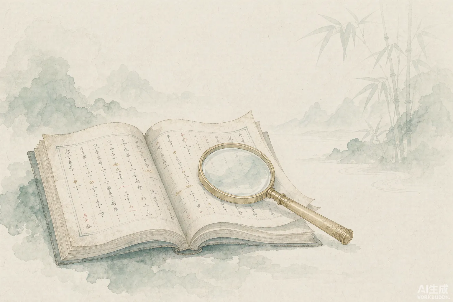 名字谐音检测 古书与放大镜水墨插画