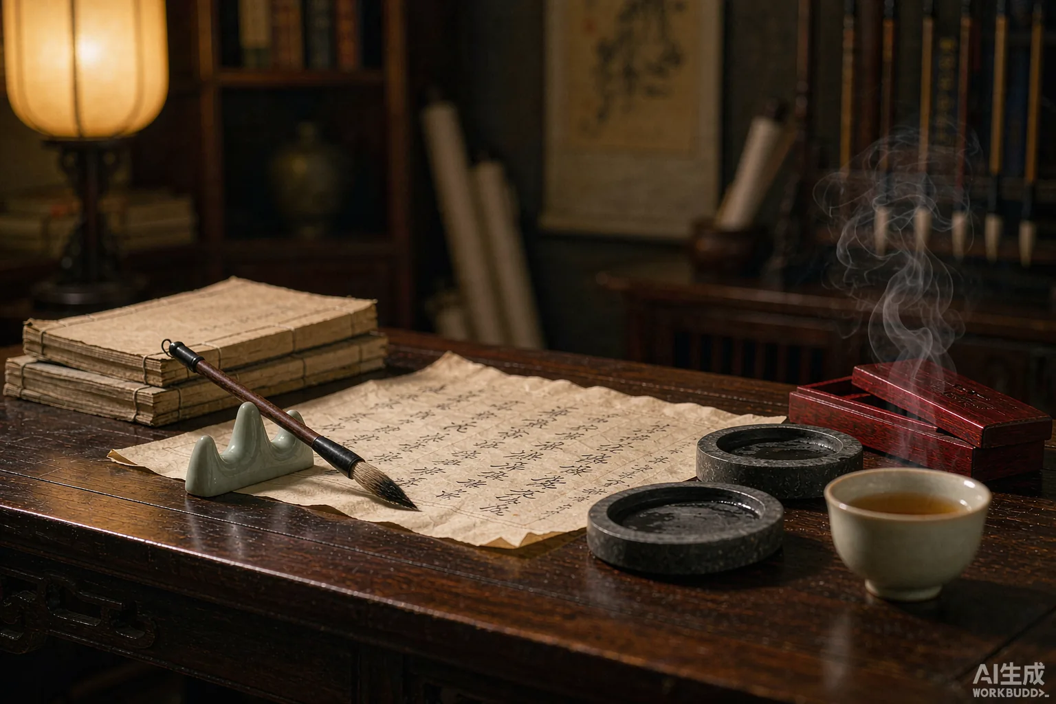 书院先生 · 案头一角：毛笔、砚台、写有名字的宣纸与线装古籍，每一名皆亲手考据